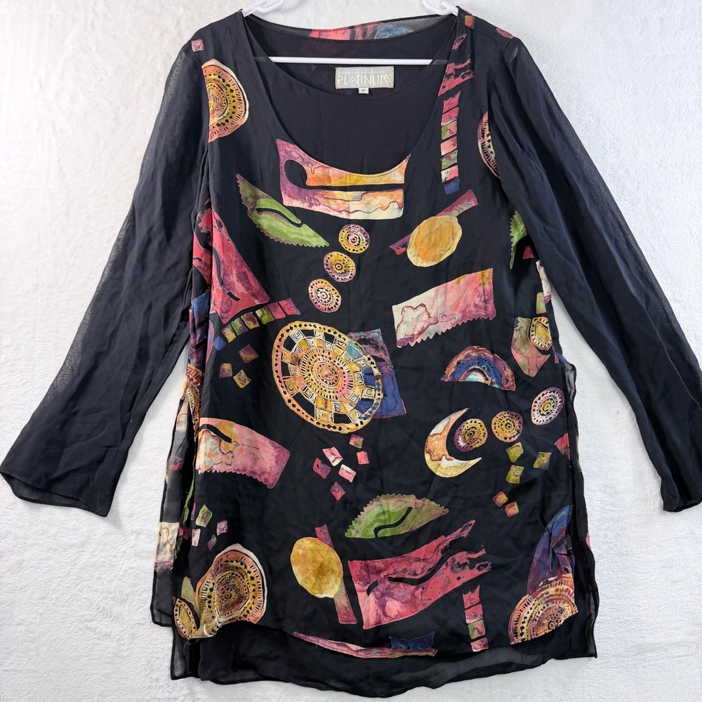 Dorothy Schoelen Platinum Tunic Top Abstract Geometric Sheer Layered Size P